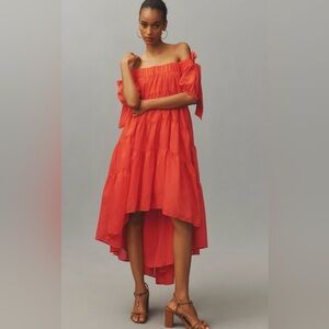 By Anthropologie Off-The-Shoulder Tiered High-Low Midi Dress